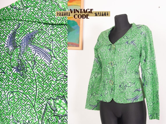 Green African Wax Print Cotton Jacket / Birds pri… - image 1