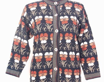 Vtg Pansy Pansies Novelty wool cardigan / Floral pattern warm sweater /  sz Medium