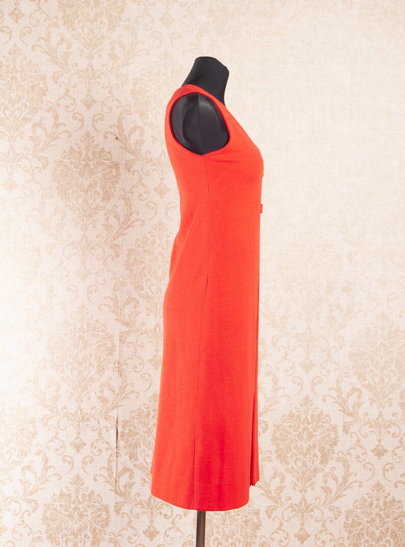 Vintage bright Red Long Vest 70s or 70s style Mod Boho Knitted Buckle closure Longline Vest Waistcoat Body warmer size xs