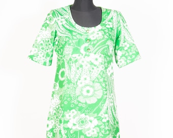 70s Mod Floral Mini Dress Green & White Psychedelic Hippie / Medium