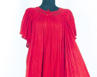 Vintage Grecian Gauze Cheesecloth Dress / Red Crinkle Boho Tent Free Size Festival Hippie
