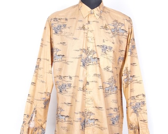 Vintage 70er Jahre Lötner Safari Print Shirt / 100% Baumwolle Europäisches Retro Jungle Motiv / Größe XL