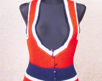 Vintage 60er 70er Jahre Strick Weste / Mod Rot Weiß Blau Weste / XS S