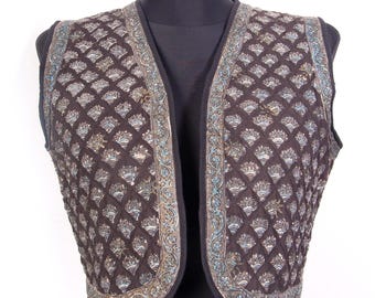 Vintage Indian Quilted Vest Jogi Design Block Print Cotton Waistcoat Boho Hippie Cropped /S M