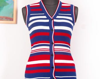 Chaleco de punto acrílico a rayas estilo Mod de los años 70 - Rojo, azul y blanco - Talla S/M