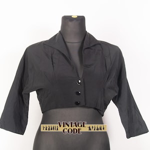 Large 50s cropped tailored short jacket top  /Vtg Black taffeta bolero jacket  / size large to XL