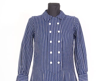 1960er Jahre Woll Mini Kleid / Blau Weißes Nadelstreifen Zweireihiges Mod Kleid / Gr. S