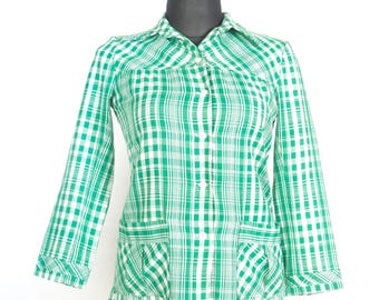 Vintage 60s/70s Green Plaid Mod Blazer / British Checkered Light Jacket Two Pockets / Large