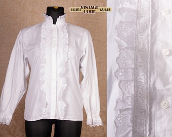 Cotton eyelet lace frilled ruffled lace front blouse / Cream white cotton Victorian Peasant Prairie Steampunk blouse  /  size XL to Plus