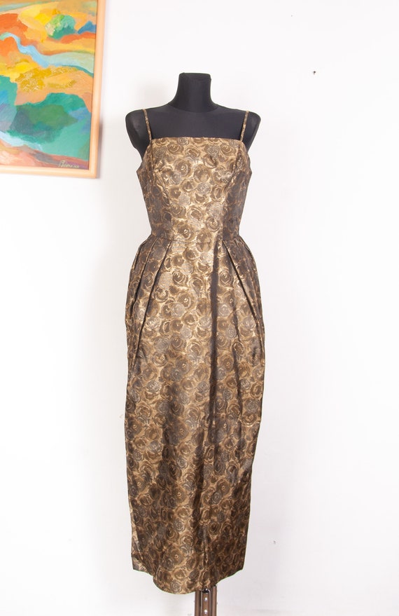 Bronze Gold Roses jacquard 50s 60s evening gown /… - image 9