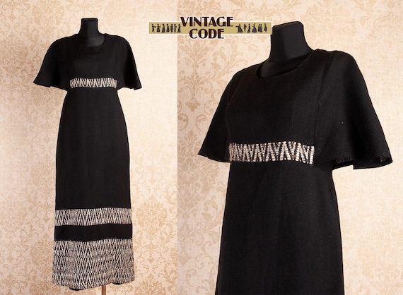 Black Woven Wool Maxi dress / Vintage Finnish Arol