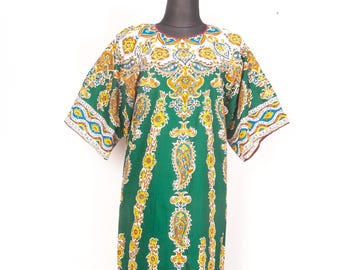 Vestido caftán de algodón verde con estampado paisley vintage de los años 70 / Boho Hippie Festival Max / L