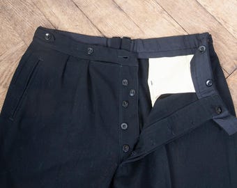 1940s High Waisted Wool Trousers, Button Fly - 35" Waist