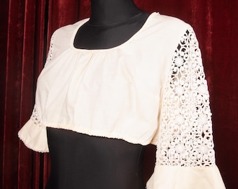 1970s Vintage Cream Dirndl Style Crop Top / Guipure Lace Sleeves / Folk Trachten Inspired / M-L