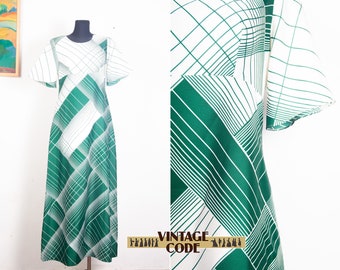 70s vtg White Green Plaid  Maxi Dress / Flare sleeve Hight Empire waist hostess dress /   sz  small to medium