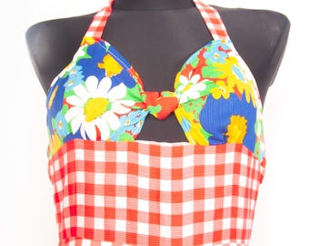 Vintage 70er Jahre Neckholder Maxi Kleid Vichy Karo / Größe XS/S