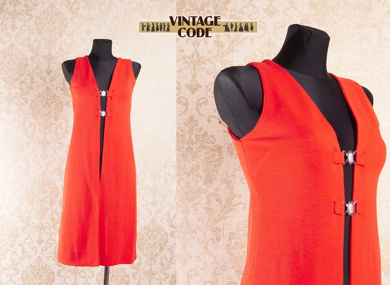 Vintage bright Red Long Vest 70s or 70s style Mod Boho Knitted Buckle closure Longline Vest Waistcoat Body warmer size xs