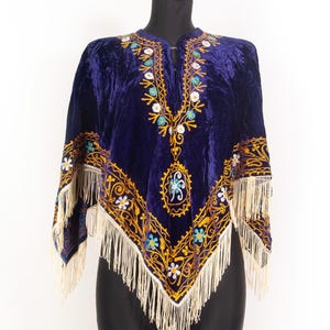Vtg Dark blue Embroidered Indian Cape Poncho Top / Hippie Boho Fringed poncho cape / sz small to medium