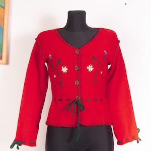 Vtg Austrian Embroidered Drawstring waist Trachten Dirndl cardigan / Wool blend 40s style cardigan / sz  Small