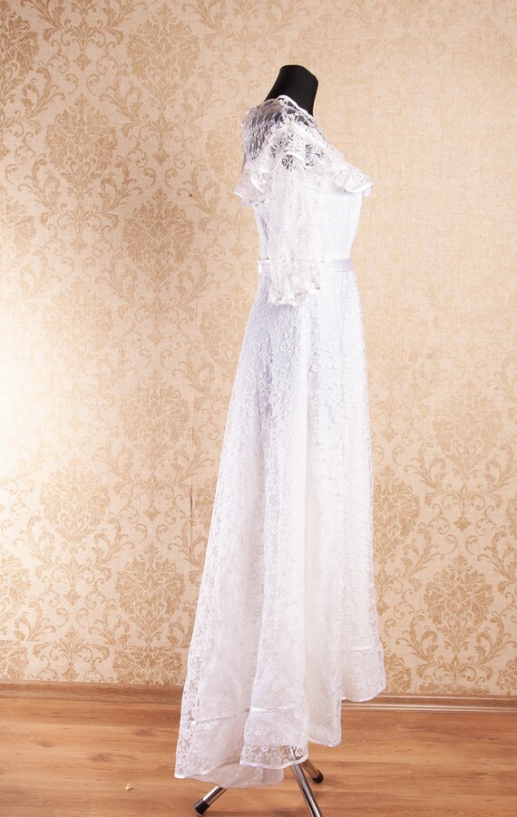 Vintage White Lace Wedding Dress Bridal Gown  / L… - image 5