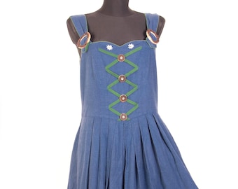 Vtg Linen blend Dirndl Dress / Blue Folk Dress with Pockets / Alpine Cottagecore / M
