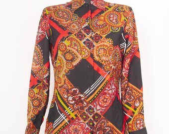 1970s Psychedelic Paisley Blouse / Lightweight Wool Mod Shirt / Fiery Orange & Red / Size M