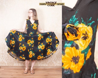 50s Full circle Taffeta dress  / Black Yellow Flowers Sleeveless 50 Summer Cocktail Party Dress  /  sz Medium to Large