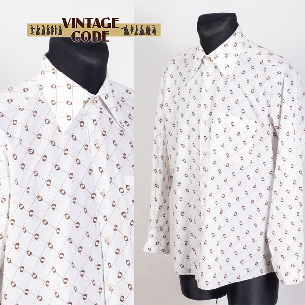 RARE White 70s vintage Mens shirt with brown abstract ornament / Long sleeve dagger collar shirt / Size L Large 42