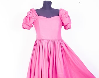 Vintage Laura Ashley Pink Cotton Dress / 1990s Puff Sleeve Princess Dress /  M L