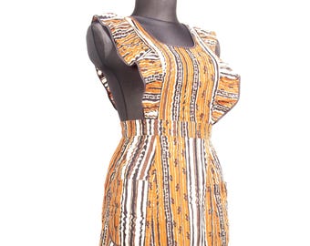 70s Finnish Pinafore Dress / Barbarella Cotton Apron Cross Back Straps with Pockets / L