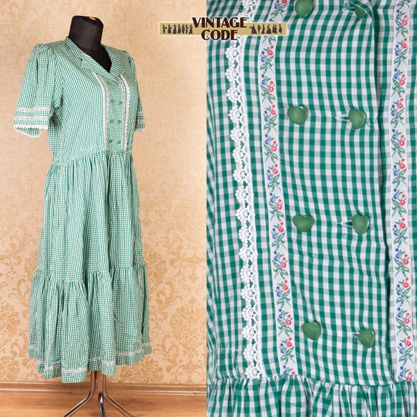 Robe longue Vichy en coton blanc vert / Robe Vtg autrichienne Sportalm Kitzbuhel / Robe paysanne à bordures en ruban à plusieurs niveaux / Taille Large à XL