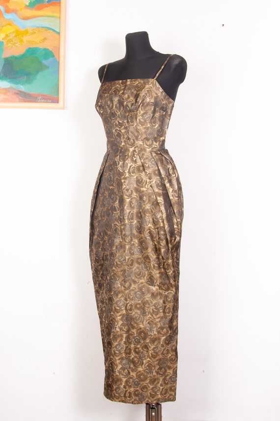 Bronze Gold Roses jacquard 50s 60s evening gown /… - image 2