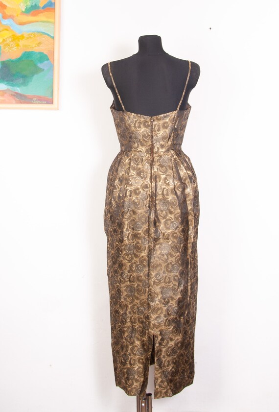 Bronze Gold Roses jacquard 50s 60s evening gown /… - image 4