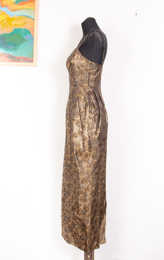 Bronze Gold Roses jacquard 50s 60s evening gown /… - image 3