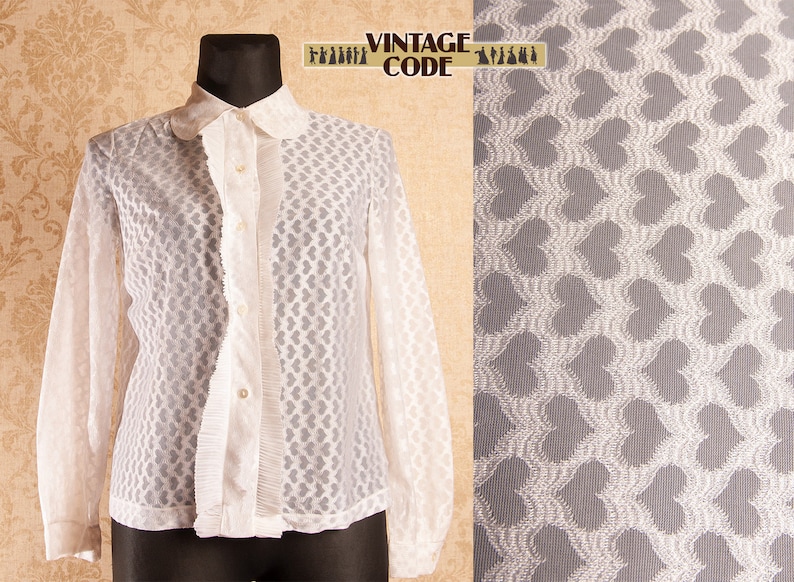 60s 70s vintage Peter Pan collar Heart Print White Lace blouse Jabot front Romantic See through transparent blouse size Large to XL