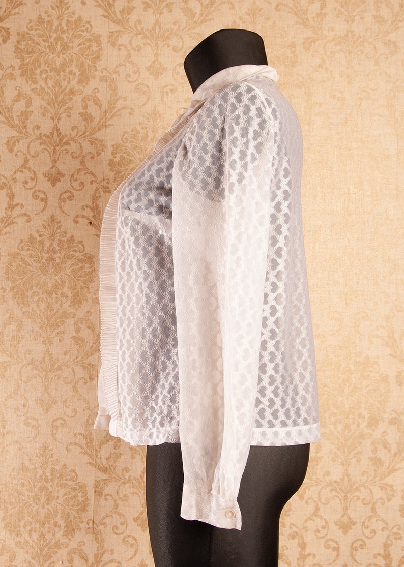 60s 70s vintage Peter Pan collar Heart Print White Lace blouse Jabot front Romantic See through transparent blouse size Large to XL
