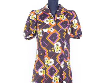 Vestido de punto con estampado floral estilo Mod de los años 70: Marrón psicodélico vintage, talla M