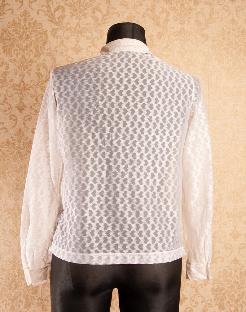60s 70s vintage Peter Pan collar Heart Print White Lace blouse Jabot front Romantic See through transparent blouse size Large to XL