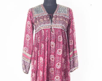 Vintage Indian Cotton Gauze Maxi Dress 70s 80s Boho Floral Gold Print Quilted Yoke /
