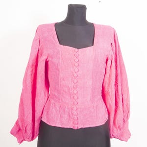 Vintage 1970s Indian Cotton Gauze Blouse  / Hot Pink Balloon Bishop Sleeve Peplum  / Small