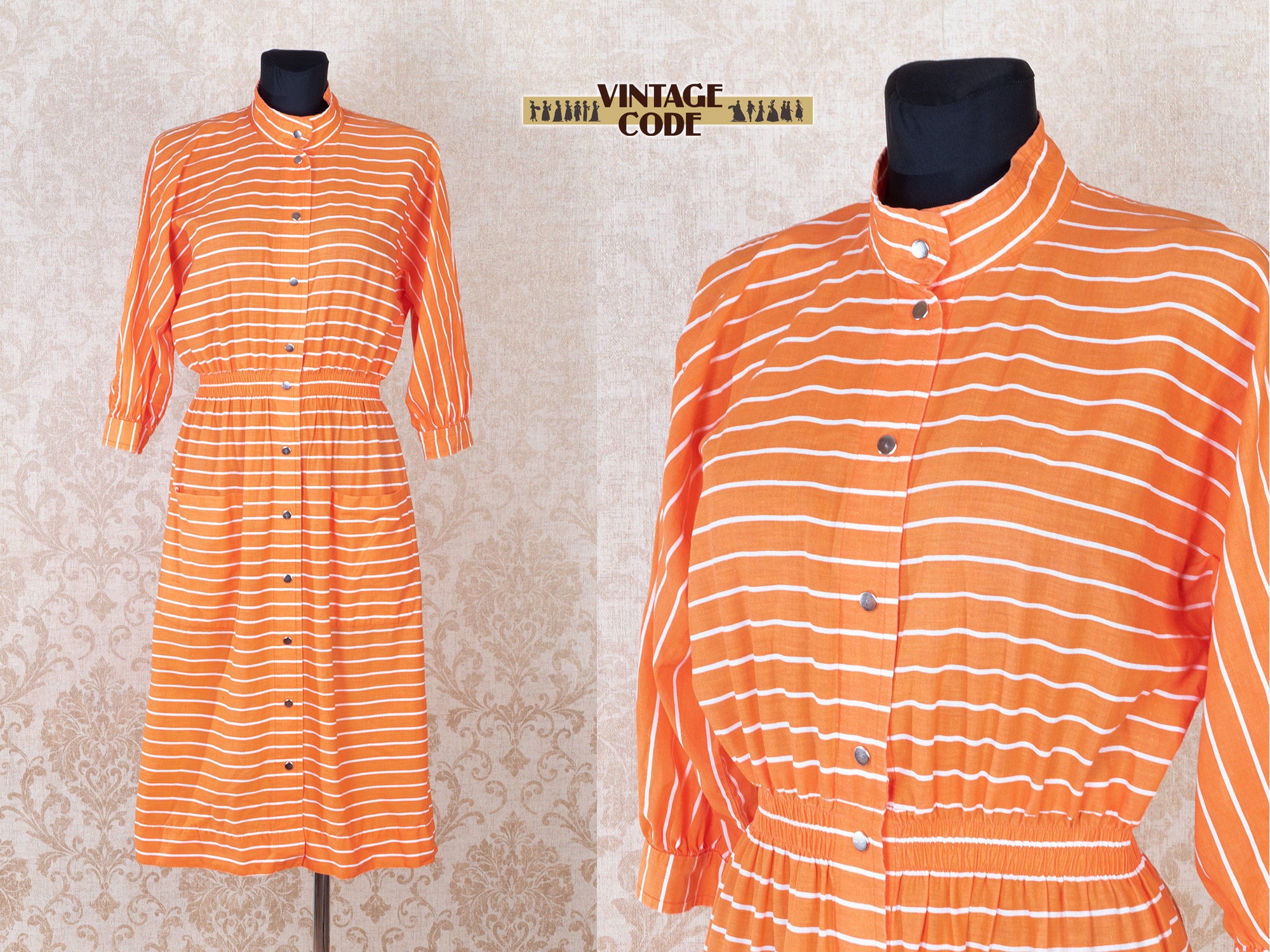 Carrot Orange Vuokko Nurmesniemi Striped Cotton Dress / Button - Etsy