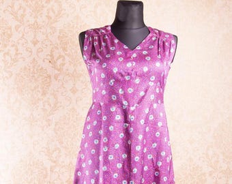 Vintage 60s Purple Mod Dress Abstract Print Sleeveless Faux Silk L XL