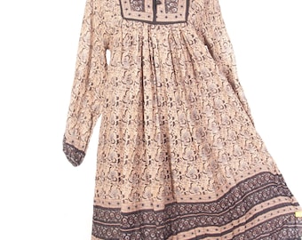 Vintage 70s Indian Cotton Gauze Block Print Boho Tent Dress (Small)