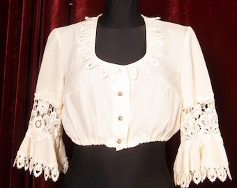 Blusa corta estilo dirndl vintage de los años 70 y 80 / Encaje blanco crema estilo folclórico austríaco y alemán