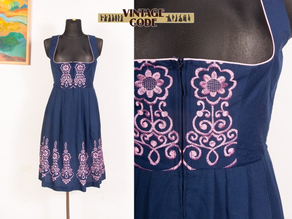 Vtg Dark blue Embroidered Corset Front  Dirndl Dr… - image 1