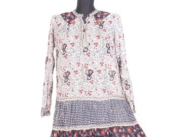 Vestido vintage de gasa de algodón estilo indio de los años 90, pintado en dorado, con estampado floral transparente, talla S