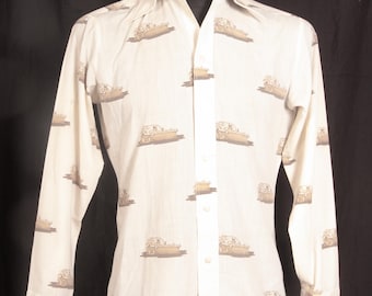 70s Brutus Fitted Shirt Cream Novelty Print Mod Disco Shirt / S M