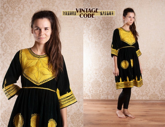 Dark Green Velvet Golden Afghan Folk Kuchi Dress