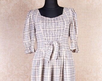 90s Plaid Cotton Dirndl Dress: Smocked Front, Puff Sleeves (Large to XL)