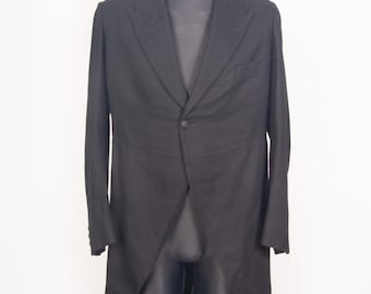 Morgenmantel aus schwarzer Wolle aus der Edwardischen Epoche: Antike formelle Herrenbekleidung (klein / mittel)